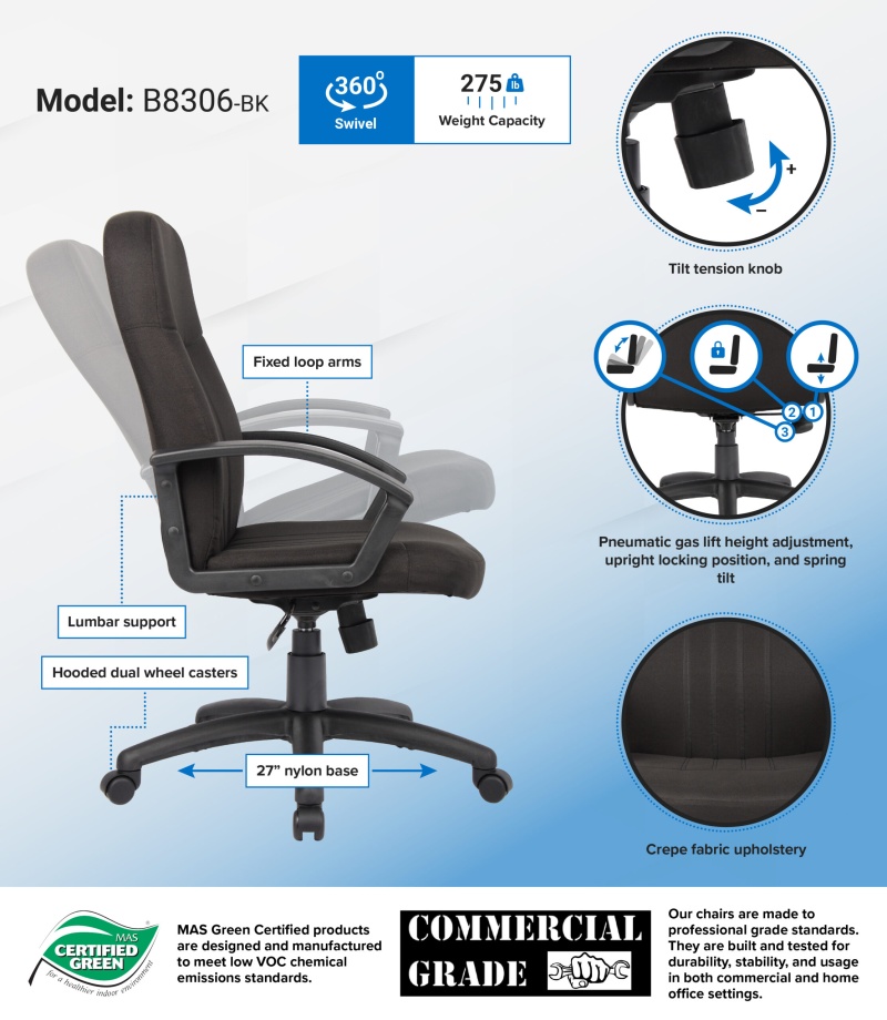 Boss Mid Back Fabric Managers Chair In Black