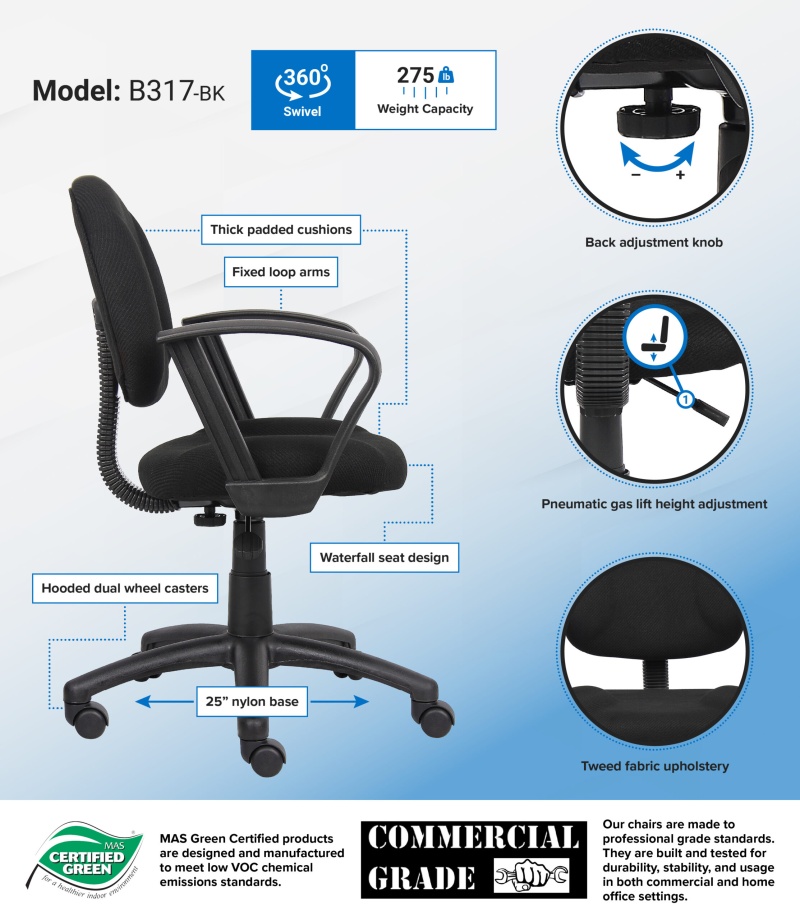 Boss Perfect Posture Deluxe Office Task Chair With Loop Arms, Black