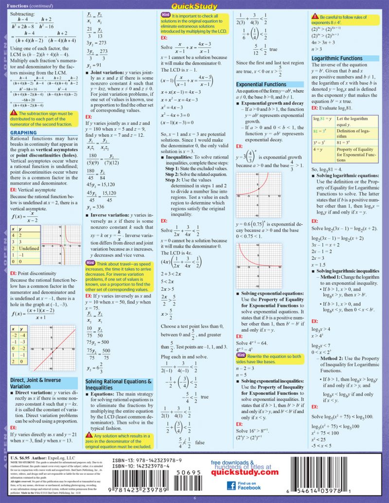 Quickstudy | College Algebra: Equations & Answers Laminated Study Guide