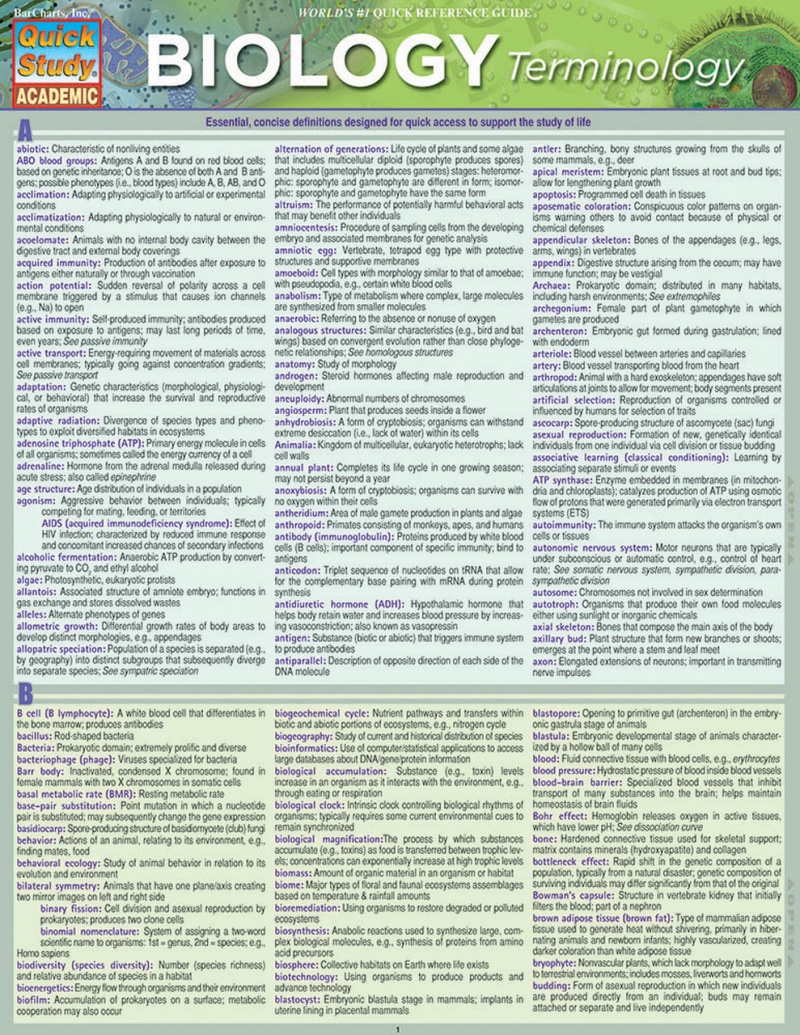 Quickstudy Biology Terminology Laminated Study Guide