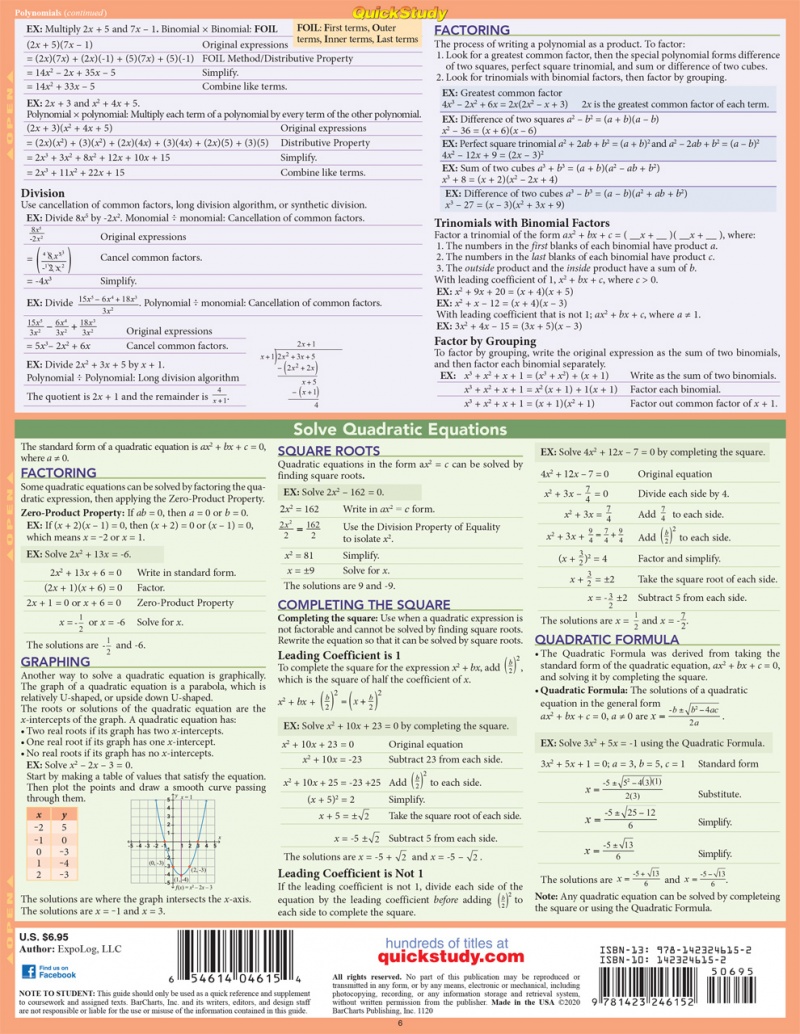 Quickstudy | Elementary Algebra Laminated Study Guide