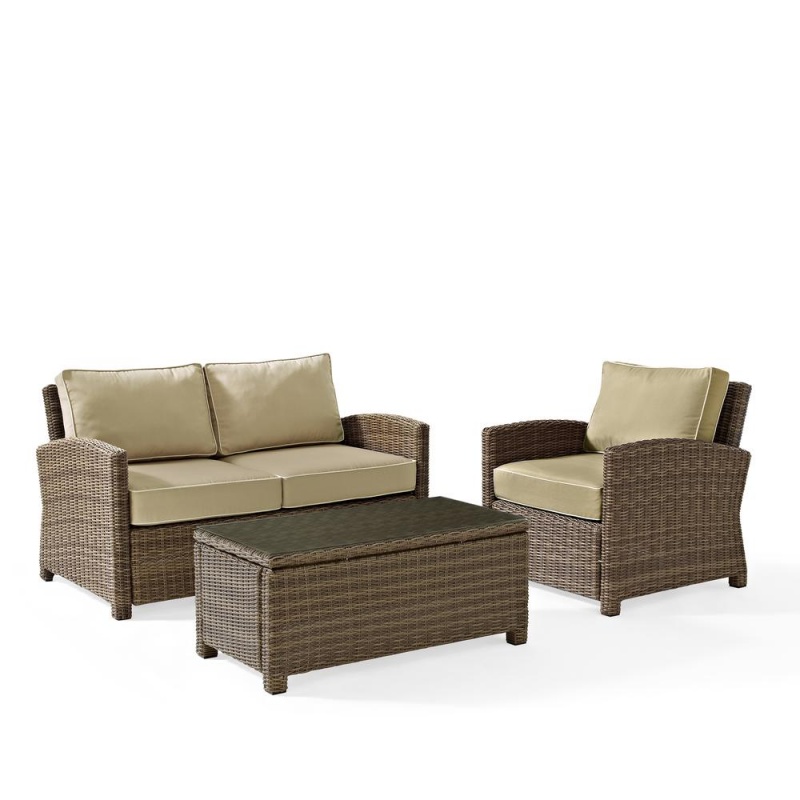 Bradenton 3Pc Outdoor Wicker Conversation Set Sand/Weathered Brown - Loveseat, Arm Chair, Glass Top Table