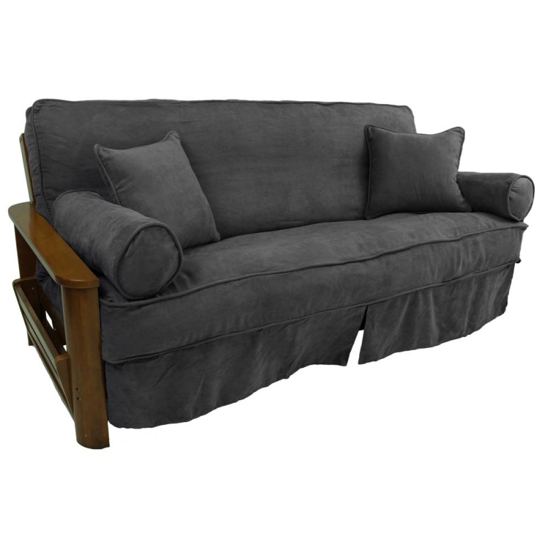 Solid Microsuede Double Corded 8 To 9-Inch Full Futon Slipcover Set With Four Throw Pillows (Set Of 5)