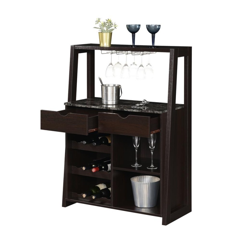 Uptown Wine Bar With Cabinet, Faux Black Marble/Espresso