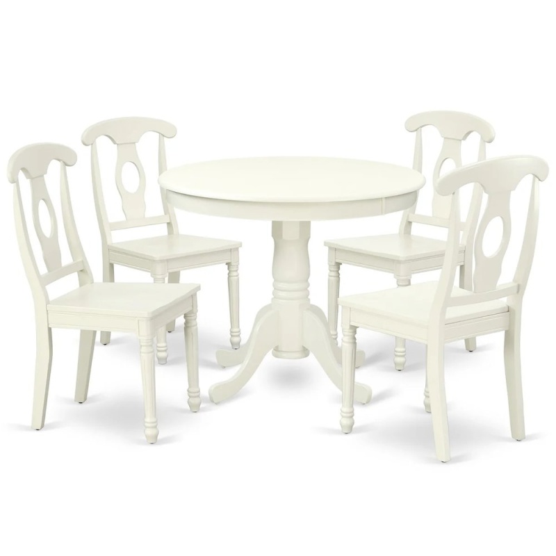 5 Piece Dinette Set For 4 Includes A Round Kitchen Table With Pedestal Base And 4 Dining Chairs, 36X36 Inch, Linen White