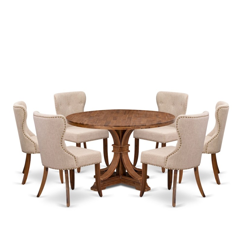 7 Piece Dinette Set with 48" Round Table in Light Tan