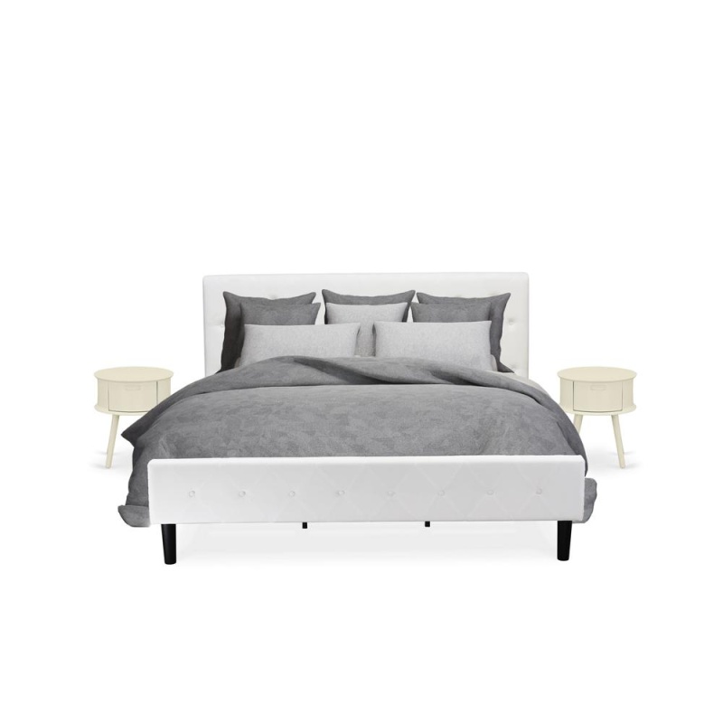 Nl19k-2Go05 3 Piece Bed Set - 1 King Bed White Velvet Fabric Headboard And 2 Mid Century Nightstand - White Finish Nightstand