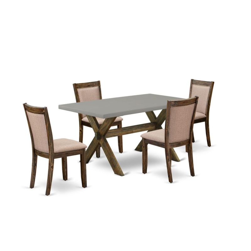 East West Furniture 5 Piece Contemporary Kitchen Dining Table Set - A Cement Top Kitchen Table With Trestle Base And 4 Dark Khaki Linen Fabric Dining Chairs - Distressed Jacobean Finish