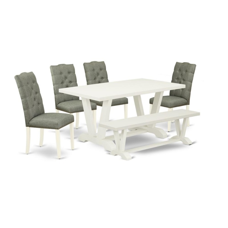 East West Furniture 6-Pc Dinette Table Set-Smoke Color Linen Fabric Seat And Button Tufted Chair Back Parson Dining Chairs, A Rectangular Bench And Rectangular Top Dining Room Table With Solid Wood Le