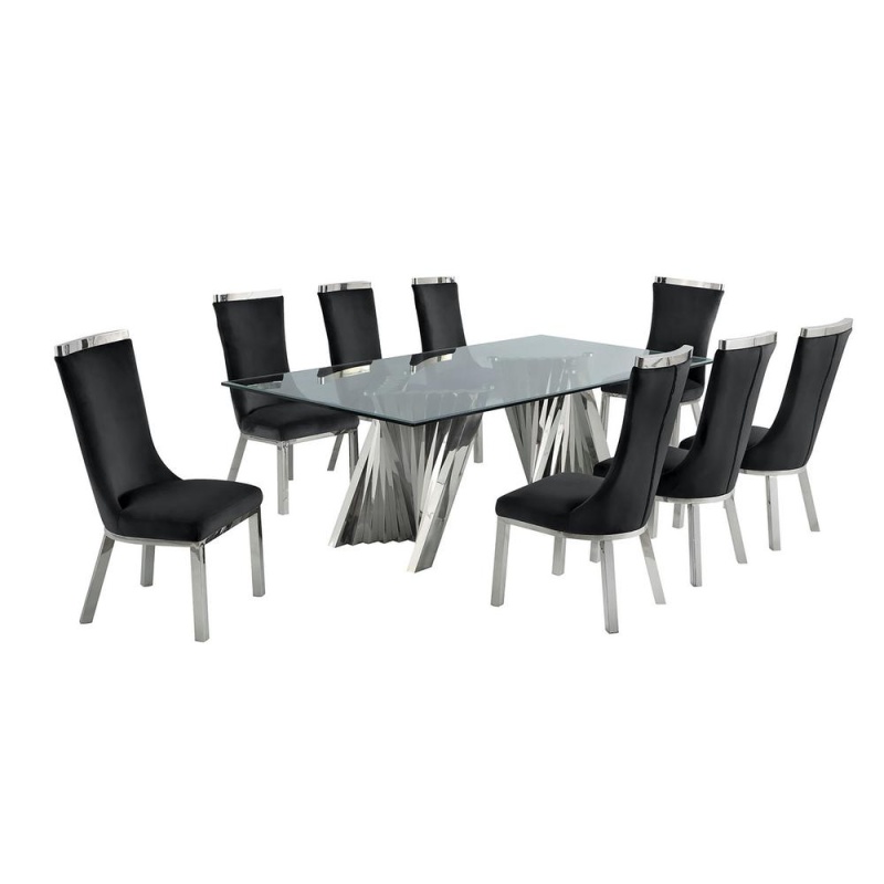 9Pc Dining Set- Recatngle Glass Table With Silver Color Base And Black Velvet Chairs
