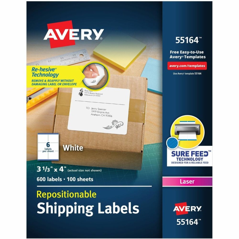 Avery® Repositionable Shipping Labels, Sure Feed® Technology, Repositionable Adhesive, 3-1/3" X 4" , 600 Labels (55164) - Avery® Repositionable Labels, Sure Feed, 3-1/3"X4" , 600 Labels (5