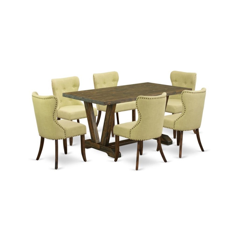East West Furniture V776si737-7 7-Pc Kitchen Dining Room Set- 6 Parson Dining Chairs With Limelight Linen Fabric Seat And Button Tufted Chair Back - Rectangular Table Top & Wooden Legs - Distressed Ja