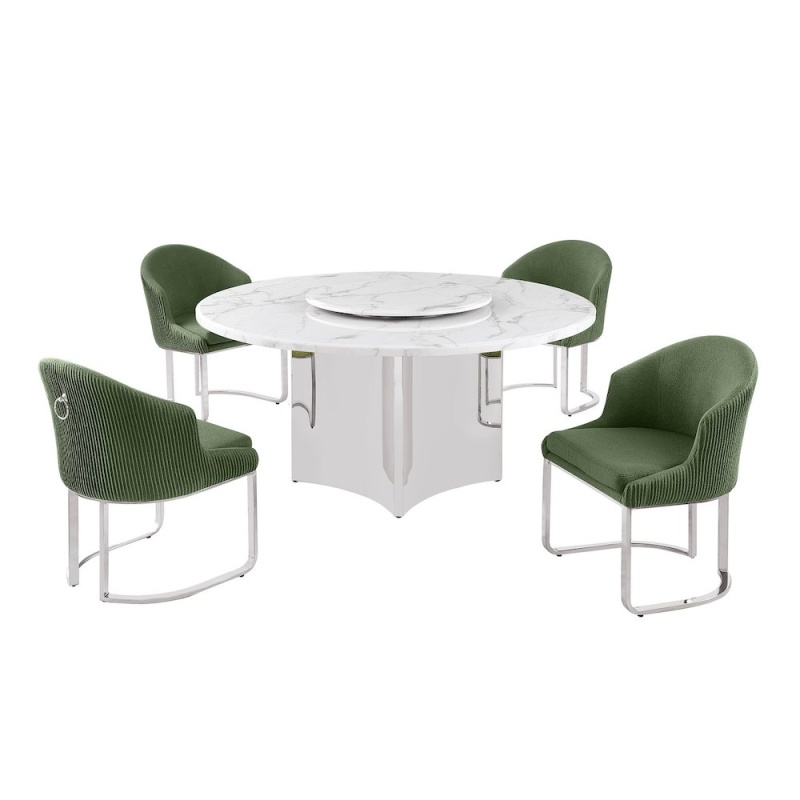 5Pc Circle Marble Top With Lazy Susan And 4 Gray Chairs With Silver Base