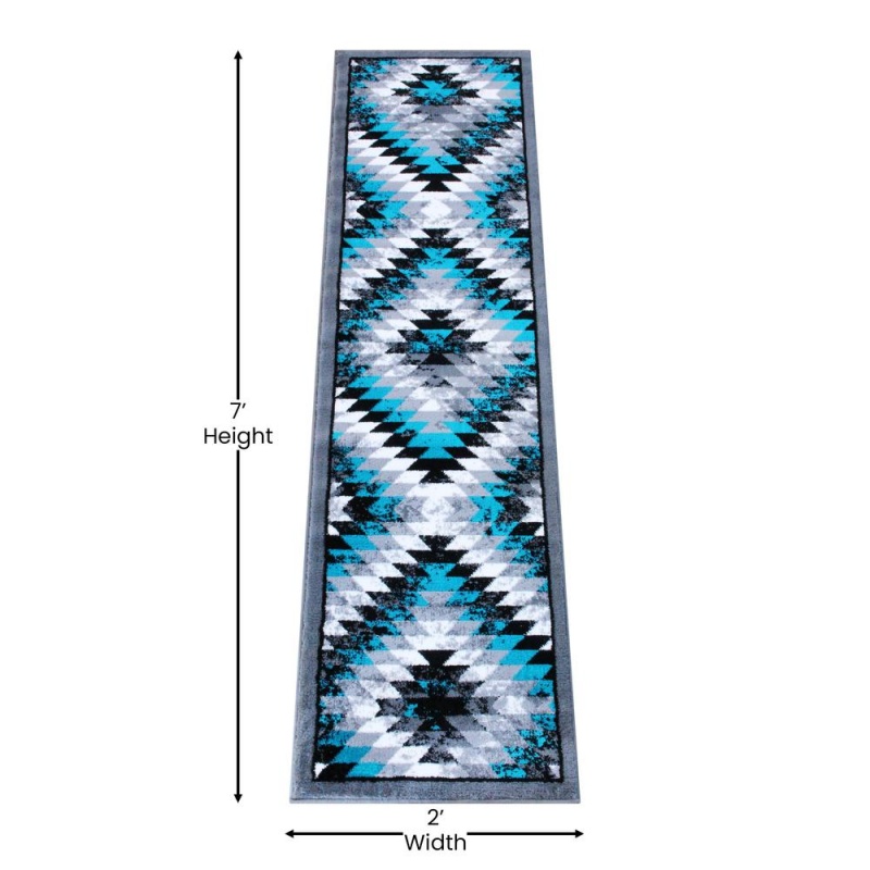 Teagan Collection Southwestern 2' X 7' Turquoise Area Rug - Olefin Rug With Jute Backing - Entryway, Living Room, Bedroom
