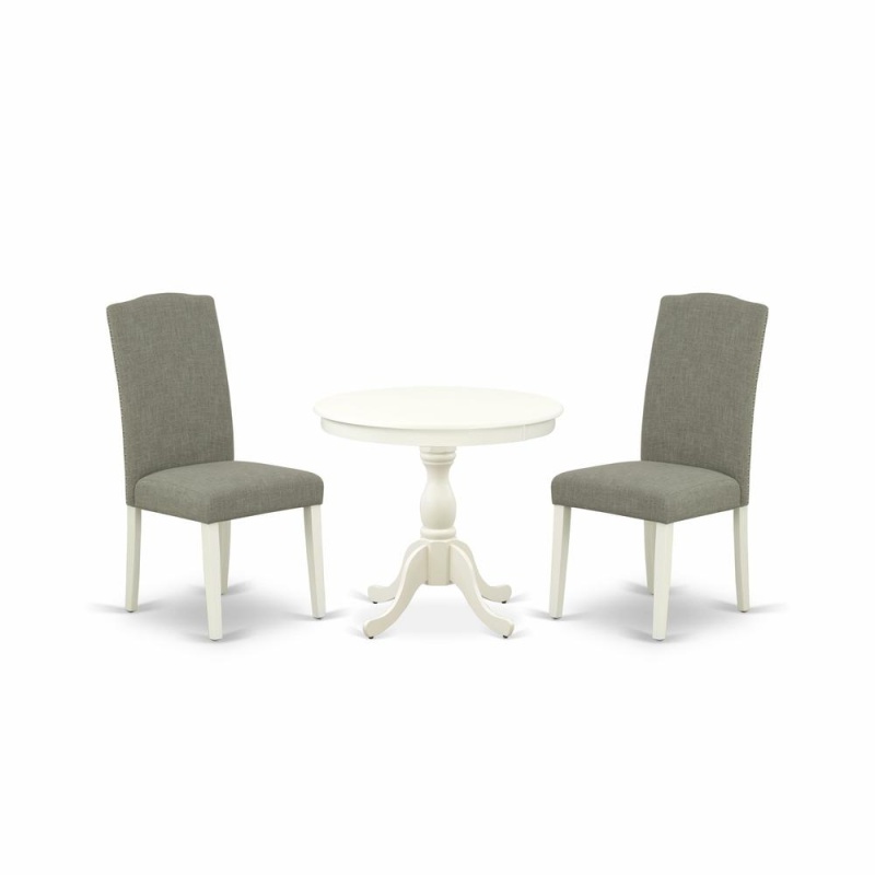 Amen3-Lwh-06 3 Piece Dining Set - 1 Pedestal Table And 2 Dark Shitake Dining Room Chair - Linen White Finish