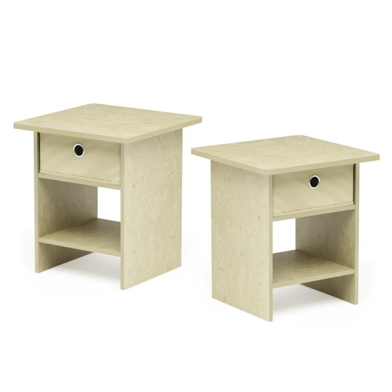 Furinno End Table/ Night Stand Storage Shelf With Bin Drawer, Cream Faux Marble/Ivory, Set Of 2