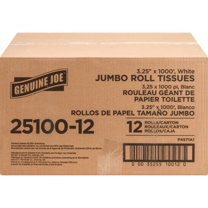 Genuine Joe Jumbo Roll Bath Tissues - 2 Ply - 3.25" X 1000 Ft - 9" Roll Diameter - 3.30" Core - White - Nonperforated, Unscented - 12 / Carton