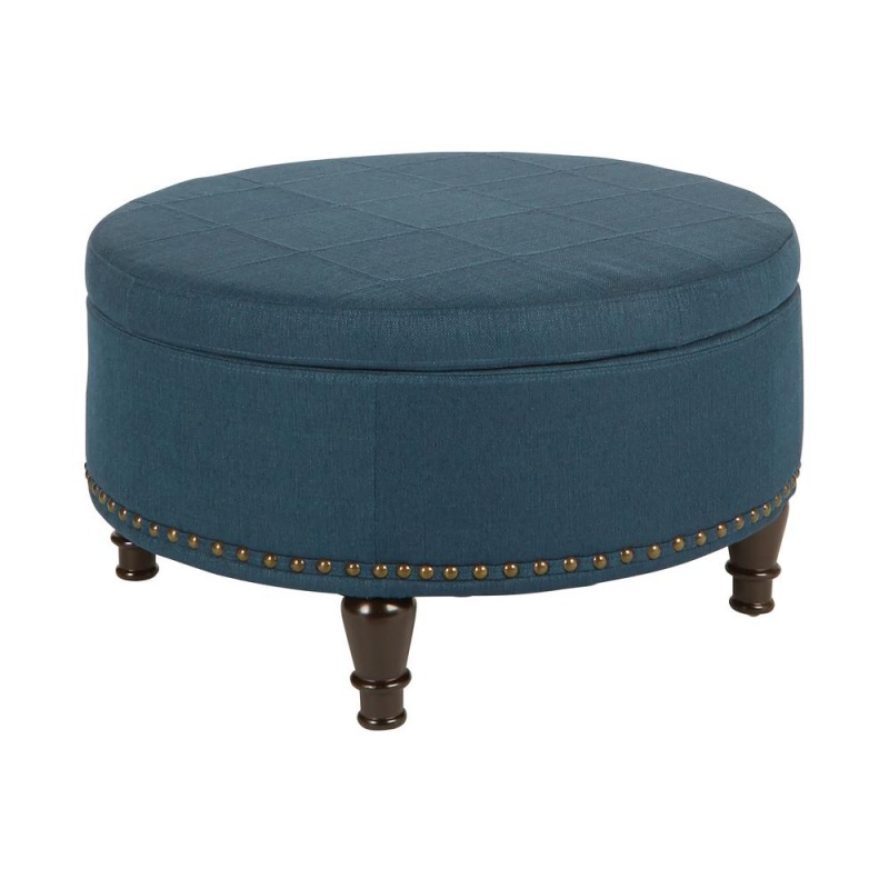 Augusta Round Storage Ottoman In Klein Azure Fabric With Decorative Nailheads, Bp-Auot32-K14