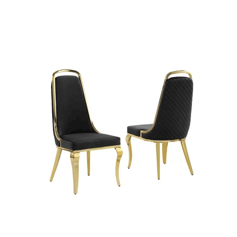 Black Velvet High Back Chair With Gold Chrome Trim, Set Of 2