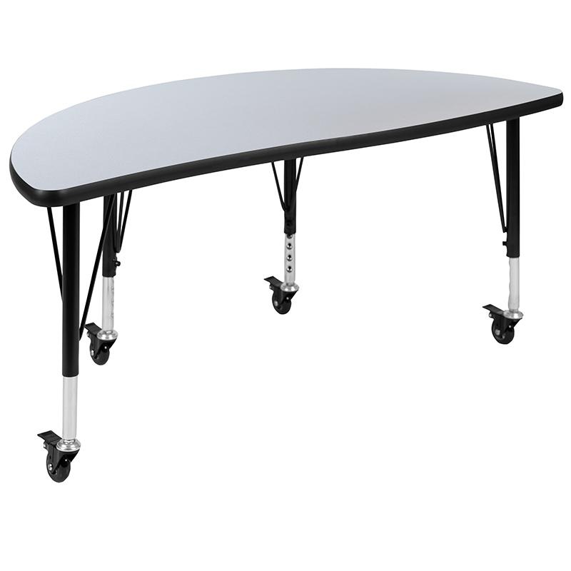 Mobile 47.5" Half Circle Wave Collaborative Grey Thermal Laminate Activity Table - Height Adjustable Short Legs