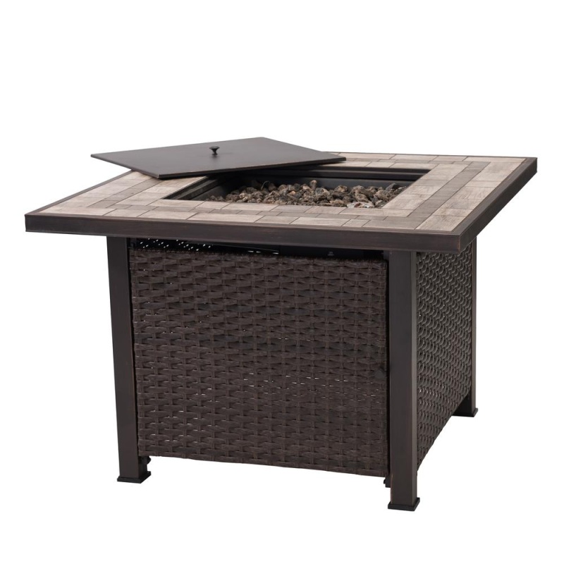 Sunjoy Square Ceramic Tile Top With All-Weather Wicker Propane Powered Firepit Table