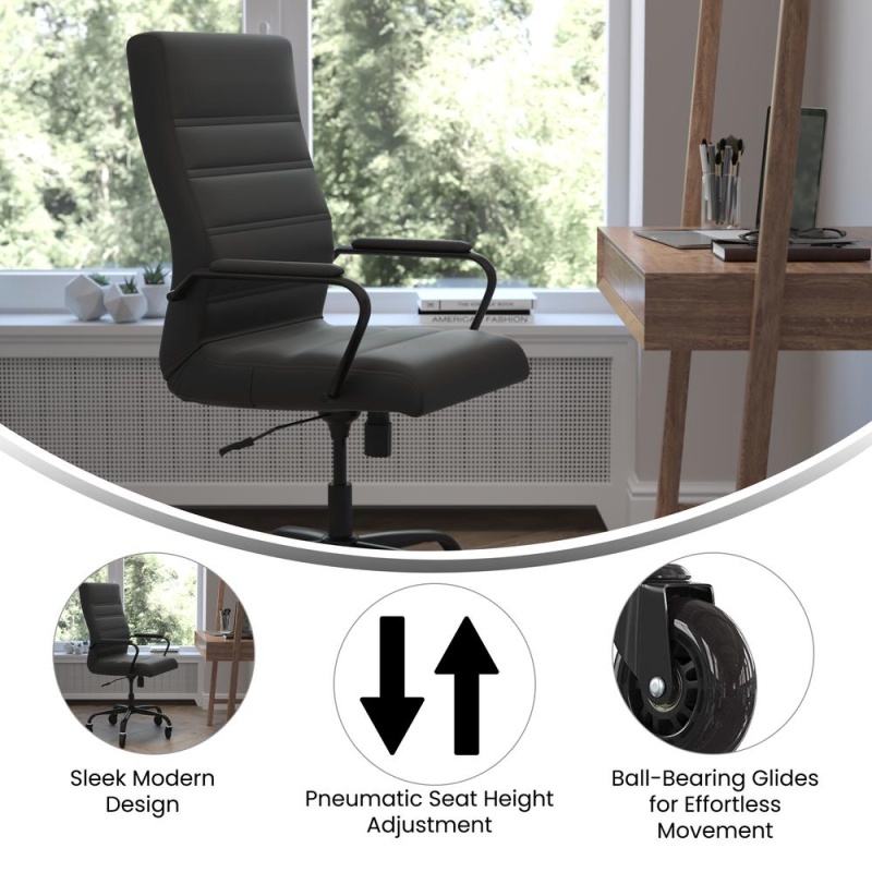 Whitney High Back Black Leathersoft Executive Swivel Office Chair With Black Frame, Arms, And Transparent Roller Wheels