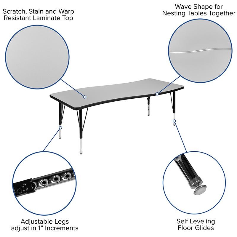 26"W X 60"L Rectangular Wave Collaborative Grey Thermal Laminate Activity Table - Height Adjustable Short Legs