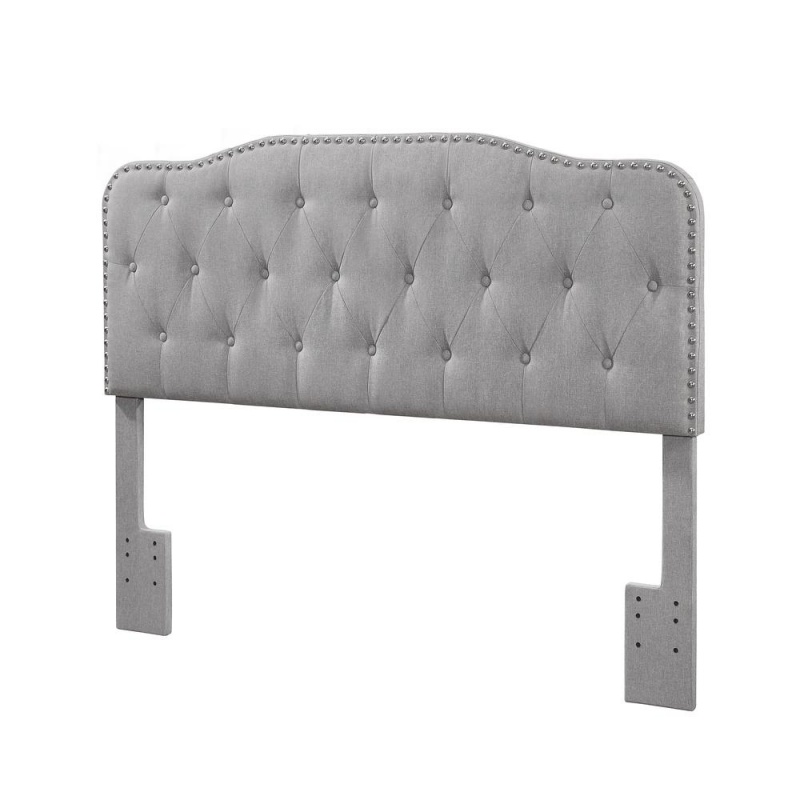 Gray Linen Uph. Panel Bed With Silver Nailhead- Queen