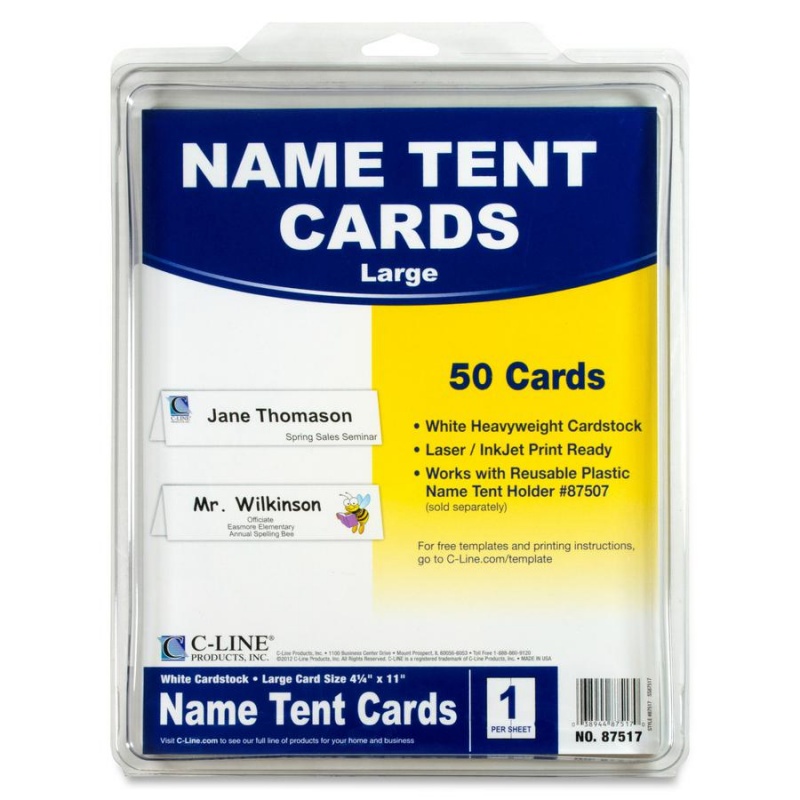 C-Line Scored Name Tent Cardstock For Laser/Inkjet Printers - Large Size, White, 8-1/2 X 11, 50/Bx, 87517