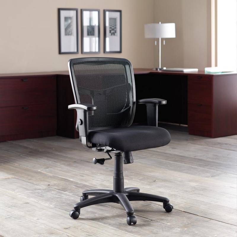 Lorell Managerial Mesh Mid-Back Chair - Black Fabric Seat - Black Back - Black Frame - 5-Star Base - Black - 1 Each