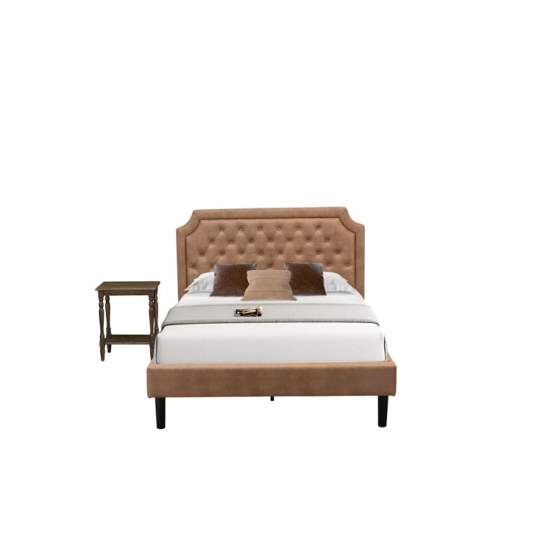 Gb28f-1Bf07 2-Piece Platform Bedroom Set With Bed And Distressed Jacobean Modern Nightstand - Brown Faux Leather And Black Legs
