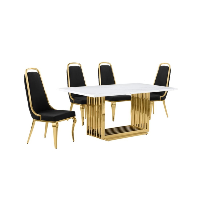 5Pc Small(68") Marble Top Dining Set With Gold Base And 4 Black Side Chairs