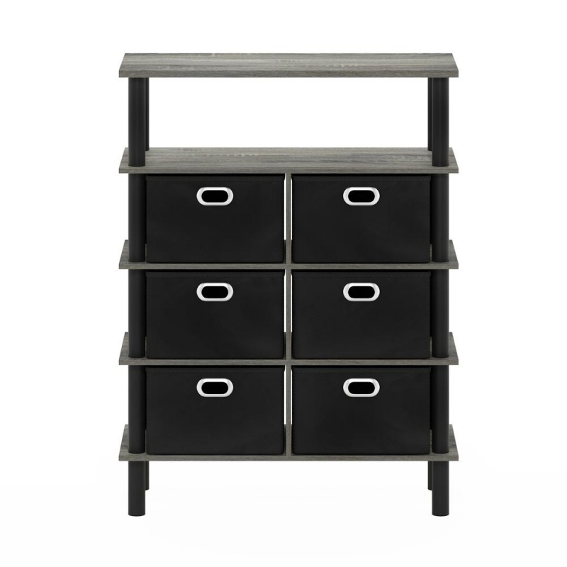 Furinno Frans Turn-N-Tube Console Table With Bin Drawers, French Oak Grey/Black/Black