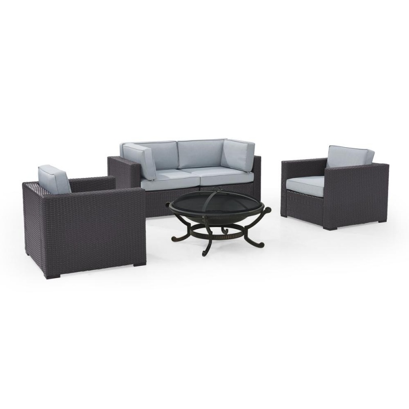 Biscayne 5Pc Outdoor Wicker Sectional Set W/Fire Pit Mist/Brown - 2 Armchairs, 2 Corner Chair, Ashland Firepit