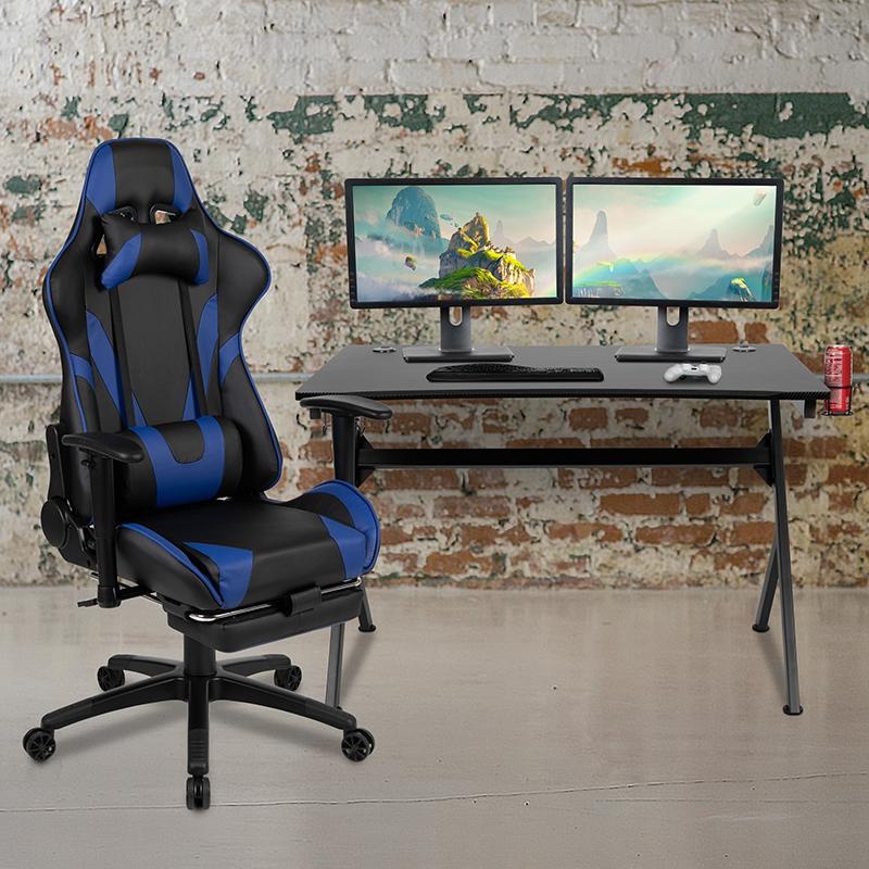 Black Gaming Desk And Blue Footrest Reclining Gaming Chair Set With Cup Holder, Headphone Hook & 2 Wire Management Holes