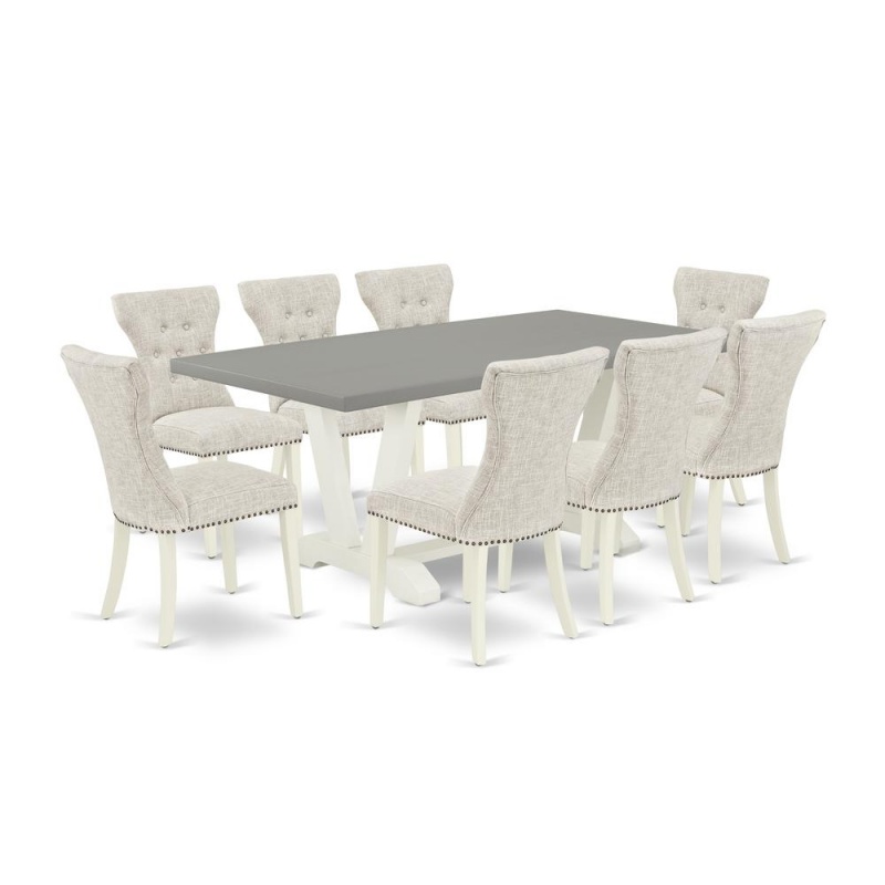 East West Furniture 9-Pc Dining Table Set- 8 Kitchen Parson Chairs With Doeskin Linen Fabric Seat And Button Tufted Chair Back - Rectangular Table Top & Wooden Legs - Cement And Linen White Finish