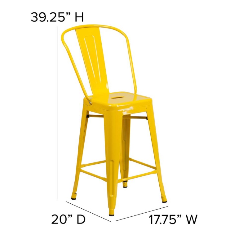 Kai Commercial Grade 24" High Yellow Metal Indoor-Outdoor Counter Height Stool With Removable Back And Square Teak All-Weather Poly Resin Seat
