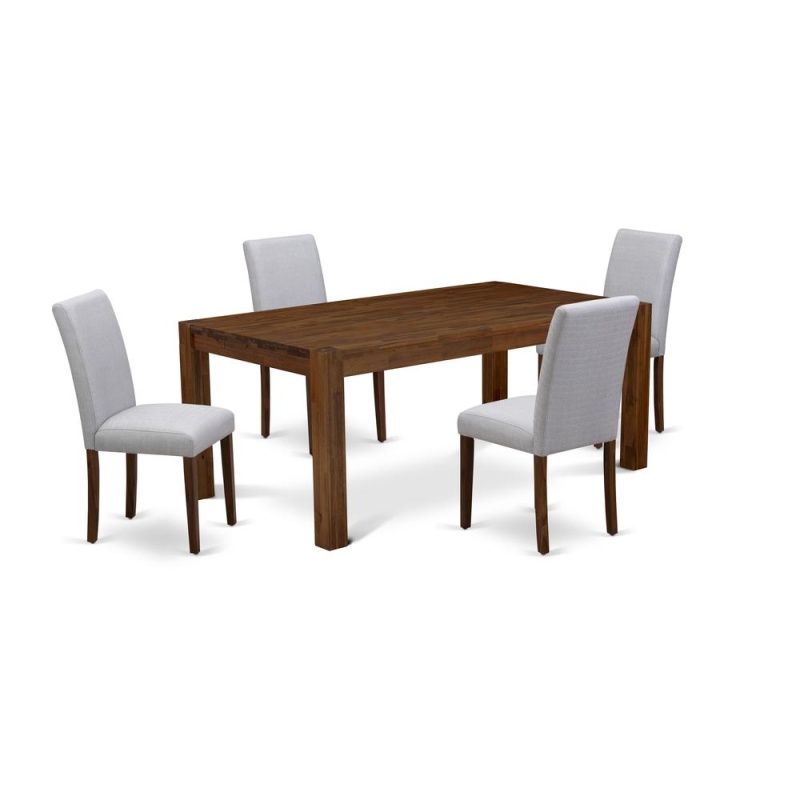 Lmab5-N8-05 - 5-Pc Dining Room Table Set- 4 Kitchen Chairs And Rectangular Dining Table - Grey Linen Fabric Seat And High Chair Back (Antique Walnut Finish)