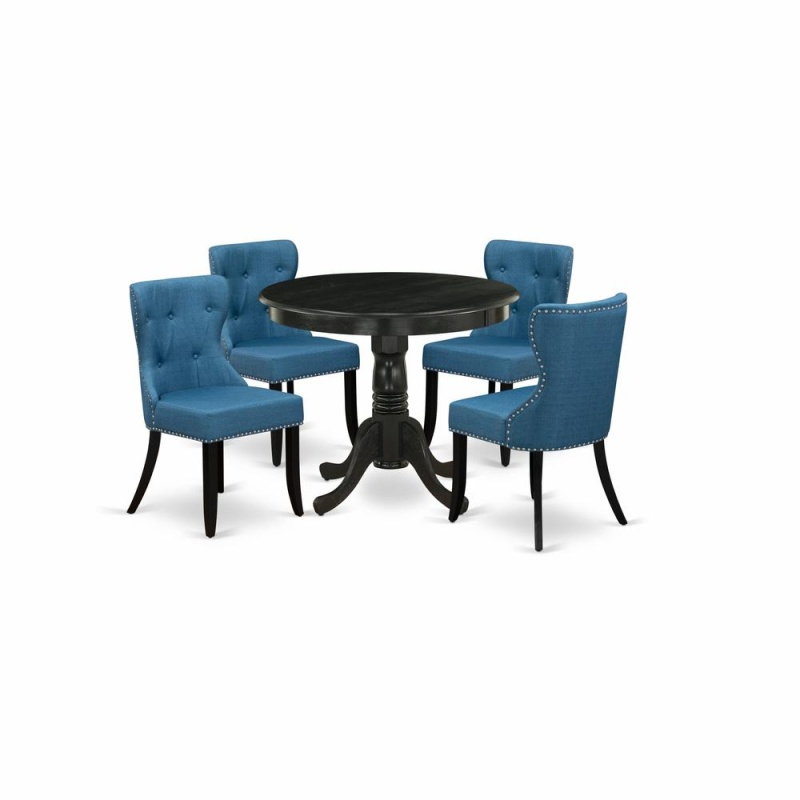 East West Furniture 5-Piece Kitchen Table Set-A Modern Dining Table And 4 Linen Fabric Dinning Chairs With High Back - Wire Brushed Black Finish