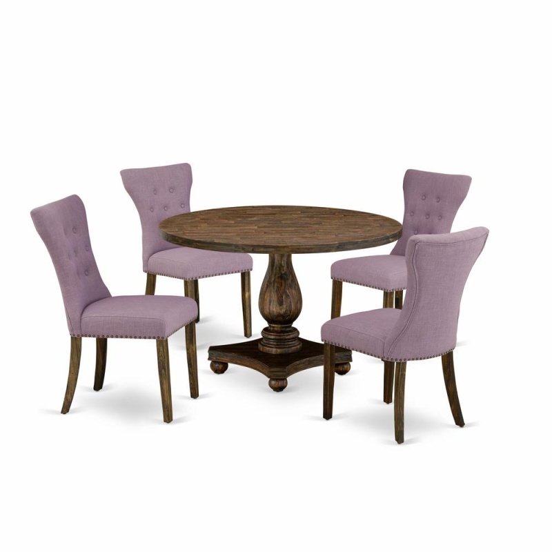East West Furniture 5 Piece Kitchen Dining Table Set Contains A Modern Dining Table And 4 Dahlia Linen Fabric Modern Chairs With Button Tufted Back - Distressed Jacobean Finish