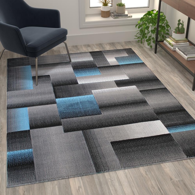 Elio Collection 5' X 7' Blue Color Blocked Area Rug - Olefin Rug With Jute Backing - Entryway, Living Room, Or Bedroom