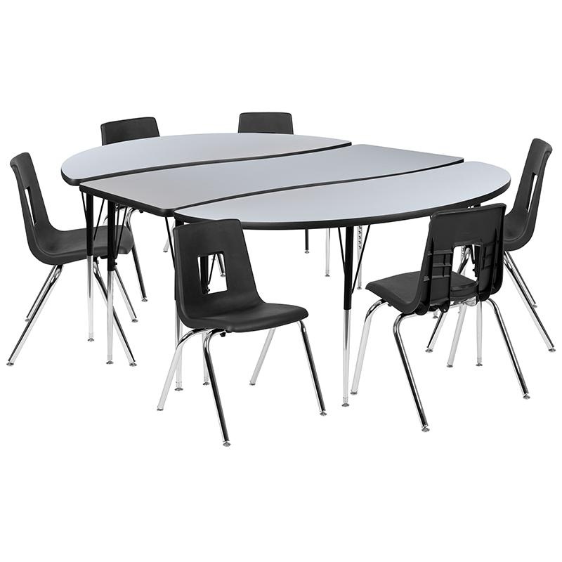 86" Oval Wave Collaborative Laminate Activity Table Set With 18" Student Stack Chairs, Grey/Black