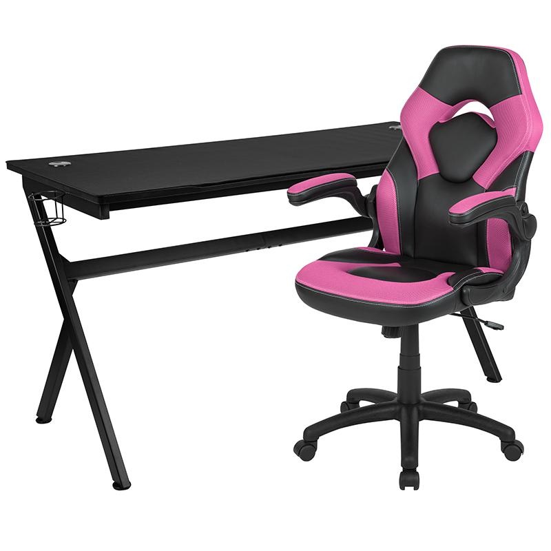 Gaming Desk And Pink/Black Racing Chair Set /Cup Holder/Headphone Hook/Removable Mouse Pad Top - 2 Wire Management Holes