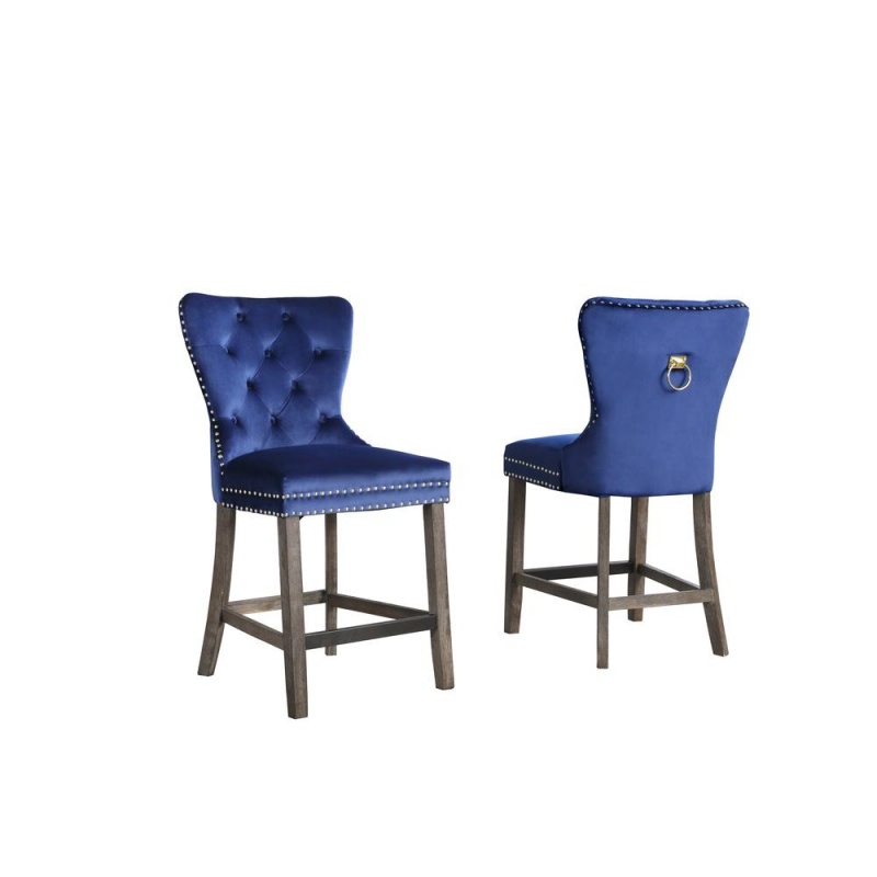 24" Tufted Counter Height Chair In Navy Blue Velvet, Set Of 2