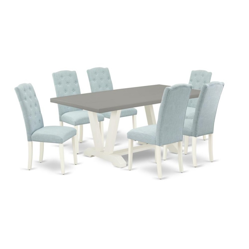 East West Furniture 7-Piece Dining Room Table Set- 6 Parson Dining Chairs With Baby Blue Linen Fabric Seat And Button Tufted Chair Back - Rectangular Table Top & Wooden Legs - Cement And Linen White f