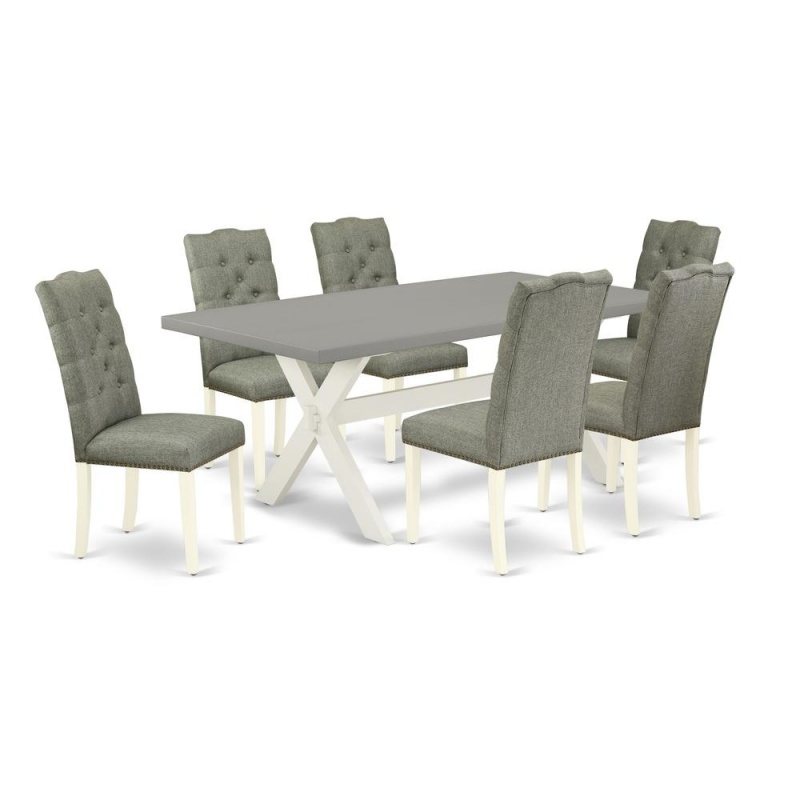 East West Furniture 7-Pc Kitchen Dining Room Set- 6 Padded Parson Chairs With Smoke Linen Fabric Seat And Button Tufted Chair Back - Rectangular Table Top & Wooden Cross Legs - Cement And Linen White