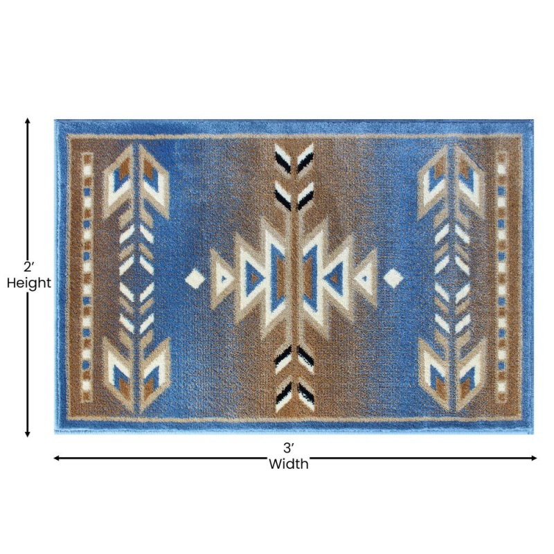 Lodi Collection Southwestern 2' X 3' Blue Area Rug - Olefin Rug With Jute Backing For Hallway, Entryway, Bedroom, Living Room