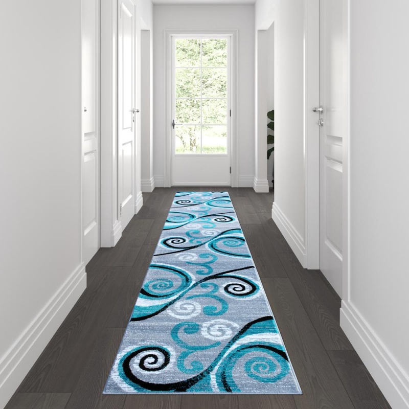 Valli Collection 2' X 11' Turquoise Abstract Area Rug - Olefin Rug With Jute Backing - Hallway, Entryway, Bedroom, Living Room