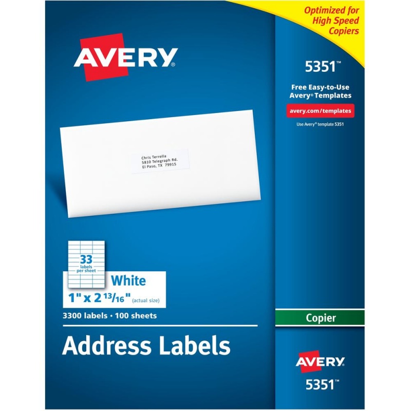 Avery® Copier Address Labels - 1" Width X 2 13/16" Length - Permanent Adhesive - Rectangle - White - Paper - 33 / Sheet - 100 Total Sheets - 3300 Total Label(S) - 3300 / Box