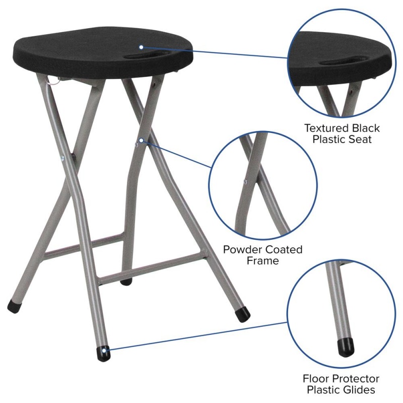 Foldable Stool With Black Plastic Seat And Titanium Gray Frame